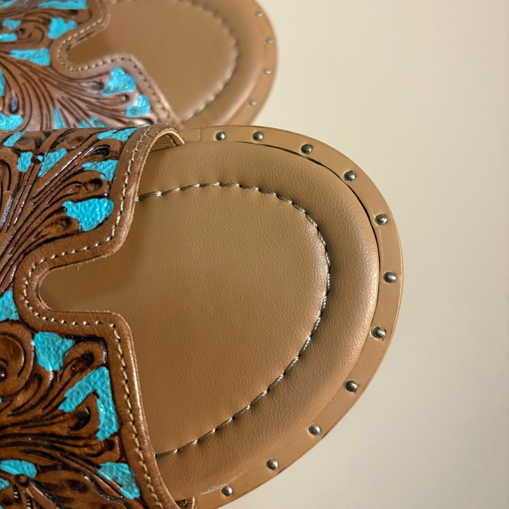 Women's Myra Hand Tooled Leather Turquoise and Brown Sandals Slides Size 11 - Picture 4 of 7